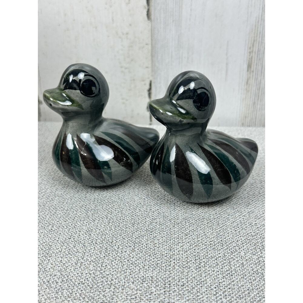 VTG Pair 2 Tonala Mexico Pottery Painted Ducks Birds Folk Art Figure Brown Green
